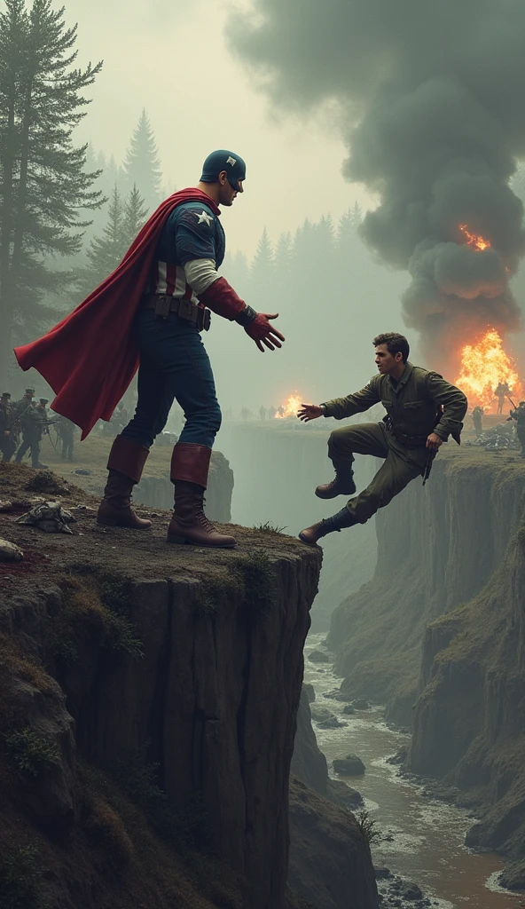 Clareza e Especificidade no Prompt: Captain America is depicted standing in the foreground of a World War II battlefield, reaching out with his right hand towards a moment frozen in time where Bucky Barnes is in mortal danger. The focus is on the tension and emotion in this pivotal moment.
Detalhes Visuais: Captain America is shown in full color, his iconic red, white, and blue suit vividly contrasted against the monochromatic, muted tones of the battlefield around him. His shield, slightly slung over his back, catches a subtle golden light from an unseen source, emphasizing its importance. Bucky, in his WWII uniform, is depicted clinging to the edge of a cliff, his face a mixture of fear and determination, with dirt and blood smudging his features. The environment should show debris, scattered weapons, and explosions frozen mid-air, with a smokey, war-torn landscape fading into the background.
Contexto e Composição: Captain America is positioned slightly to the right of the center, drawing the viewer’s eye towards his outstretched hand and the frozen scene of Bucky. The perspective should be slightly low, looking up at Captain America to emphasize his internal struggle and the weight of his decision. In the background, soldiers and war machines are locked in combat, all frozen in time.
Atenção ao Ambiente: The battlefield is a chaotic mix of destruction—trenches, shattered trees, and craters filled with stagnant water. The sky is overcast with thick, dark clouds, hinting at an impending storm, with occasional flickers of lightning illuminating the scene. Smoke and dust hang in the air, adding to the sense of stillness and suspension of time.
Referências Emocionais: The atmosphere is heavy with sorrow and urgency. Captain America’s face is etched with deep lines of worry and conflict, his eyes filled with a sense of helplessness as he considers altering a critical moment in time. His body language reflects hesitation, with his feet firmly planted yet his upper b