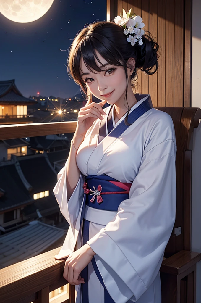 A bust-up of a smiling beautiful woman in a kimono cooling off on a balcony on a moonlit night
