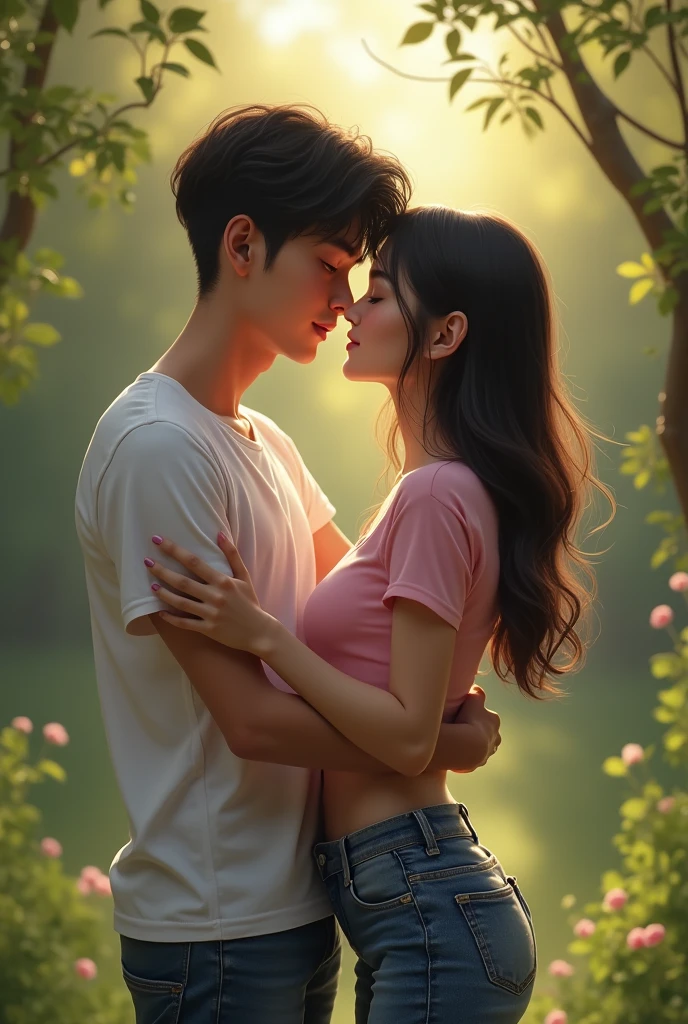 a women in white and baby pink shirt with jeans and she is kissing his boyfriend which is black skinny boy