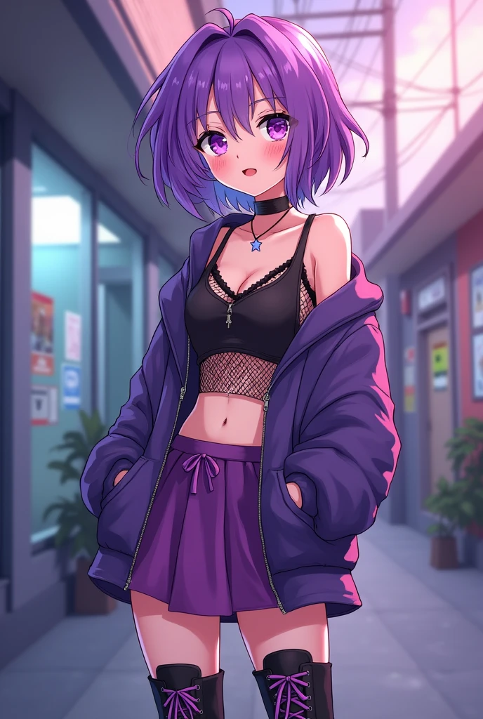 A teenage girl of 15 with purple short wavy hair with a middle part that has layers wearing a cropped sleevless hoodie with a fish net tee underneath and a purple skirt with black knee high boots with purple laces, a choker on her neck with a star dangling from it, a lip piercing, a star beneath her left cheak of purple color and a teardrop of black color on her right cheak drawn on. In anime art style. Her hoodie should be zipped and she should have a ":3" look on her face.hee cleavage should not be visible.
