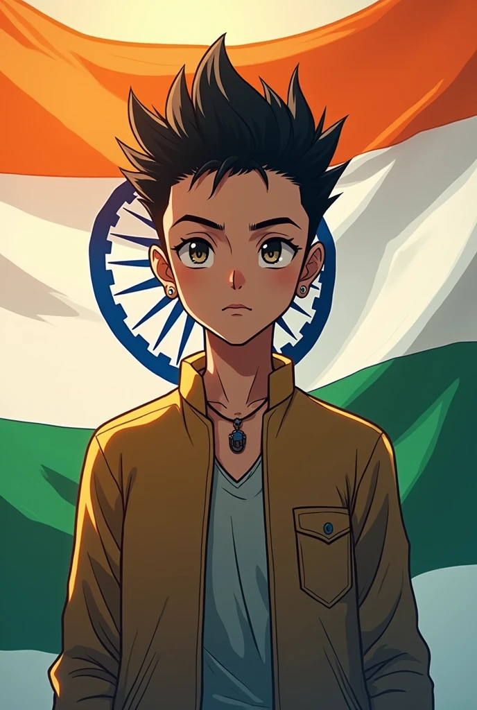 Anime character boy with trim cut hair , background indian flag