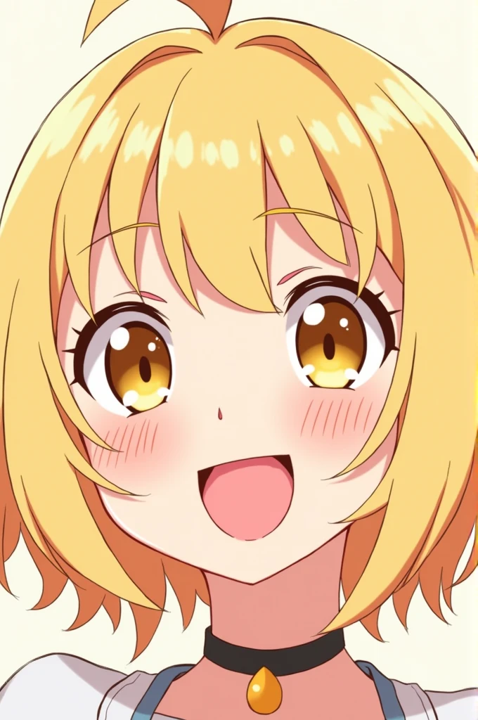 Anime girl with yellowish orange eyes, short, messy blonde hair with peachy tips and his signature proud smile