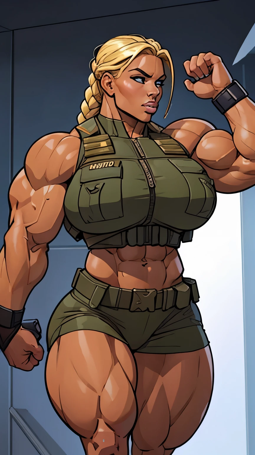 1 girl, super soldier girl, color sketch, beautiful woman, blonde braided hair, extremely tanned, dressed in a special forces uniform, tactical vest, strong, well-defined muscles, bulky powerful bodybuilder physique, excellent muscle definition, Perfect muscular body, massive muscular thighs, perfect round silicone breasts, naked breasts, running in the middle of battle