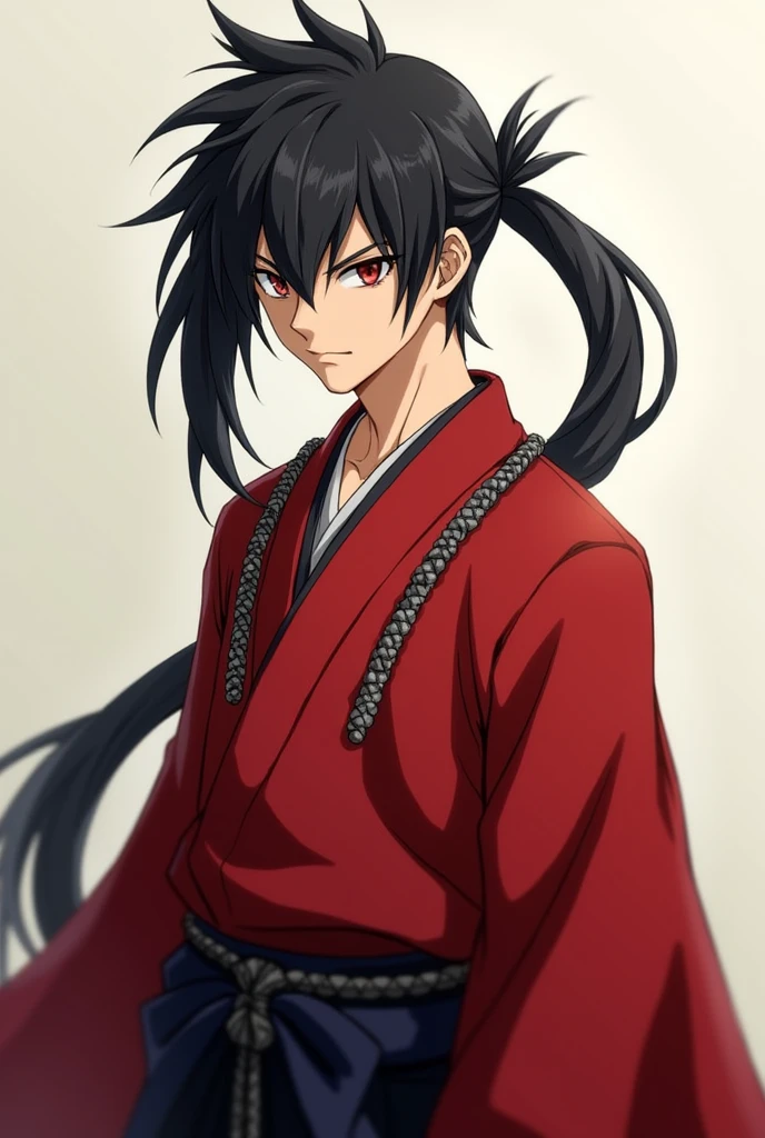 highres, sharp focus, pixiv masterpiece, ((intricate details)), highly detailed, yasuri_shichika, 1boy, male, stripe bead necklace, black hair, (spiked hair:1.1), ponytail, very long hair, red clothes, red open clothes, simple kimono, hakama Indian milf