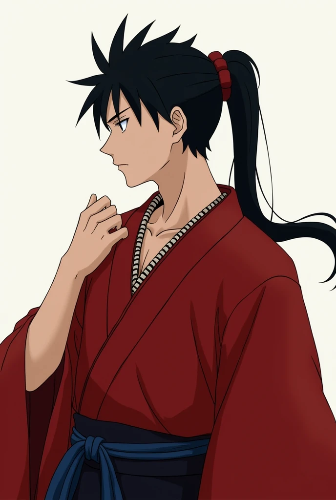 highres, sharp focus, pixiv masterpiece, ((intricate details)), highly detailed, yasuri_shichika, 1boy, male, stripe bead necklace, black hair, (spiked hair:1.1), ponytail, very long hair, red clothes, red open clothes, simple kimono, hakama Indian milf