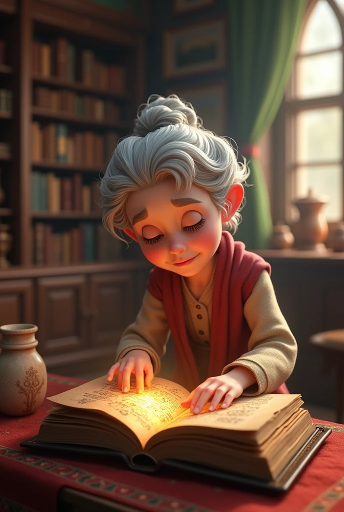 1 old lady seeing the old book 3d cartoon 3d animation 