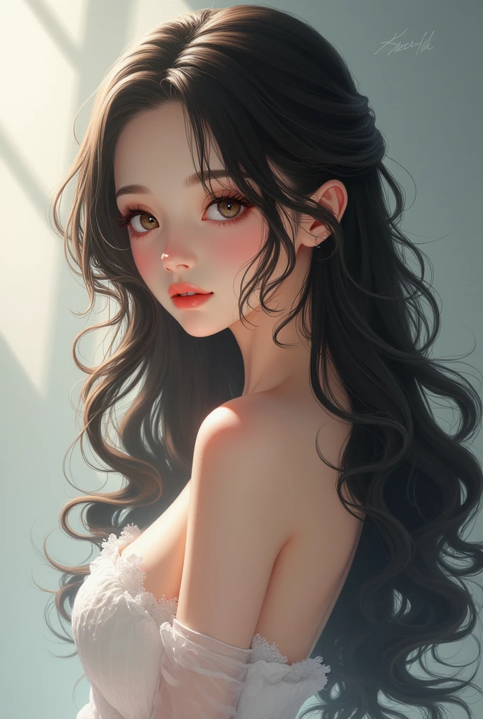 Beautiful girl with wavy long hair, anime style, No type of clothing on top, naked, no bra