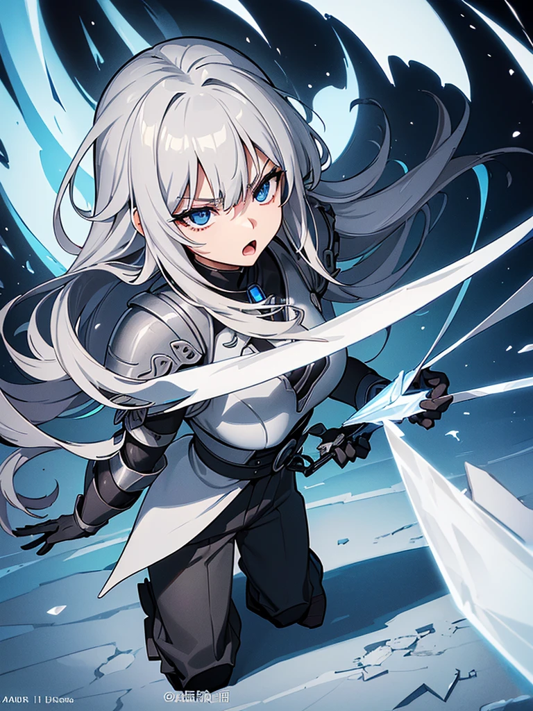 ((((Solo))))、Best illustrations、Best Quality、(Full body character concept、Character Design)、(((Grey Armor、Black trousers、Black gloves))、(woman、1)、(Blonde、Long Hair)、(Get Ready)、(get annoyed、Open your mouth)、(Particles of light, Blue aura, ice、iceの玉、巨大なiceの塊、iceの魔法、Deathblow)、Dramatic Angle、Snowstorm、Dramatic Angle、Both hands in front、(From above at an angle)