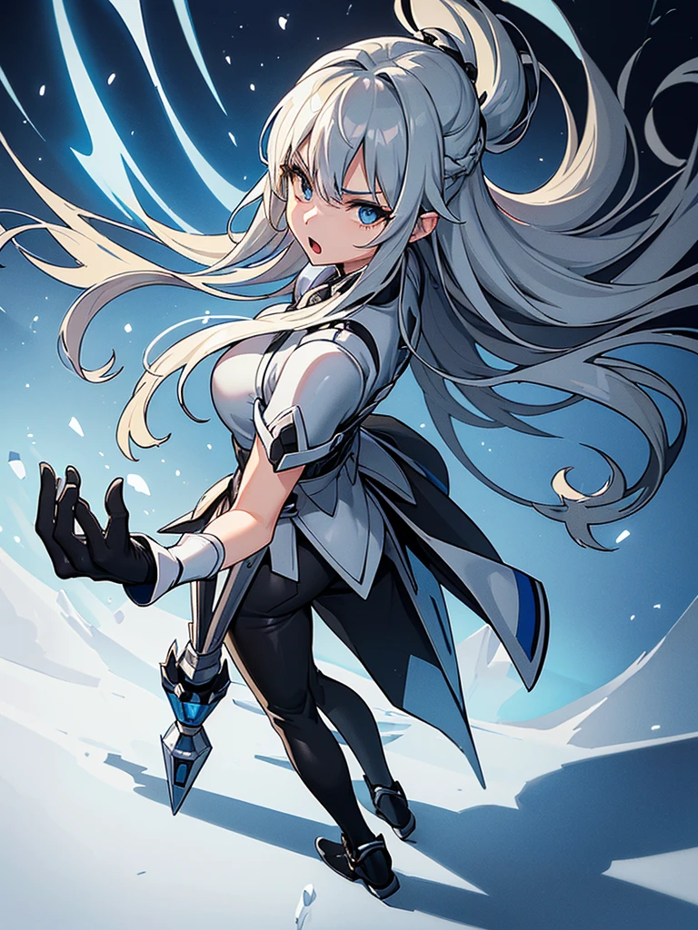 ((((Solo))))、Best illustrations、Best Quality、(Full body character concept、Character Design)、(((Grey Armor、Black trousers、Black gloves))、(woman、1)、(Blonde、Long Hair)、(Get Ready)、(get annoyed、Open your mouth)、(Particles of light, Blue aura, ice、iceの玉、巨大なiceの塊、iceの魔法、Deathblow)、Dramatic Angle、Snowstorm、Dramatic Angle、Both hands in front、(From above at an angle)