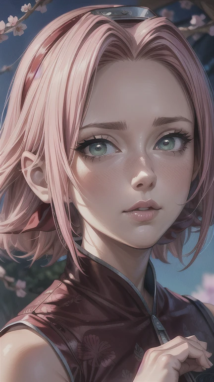 sakura haruno, 1girl, beautiful detailed eyes, beautiful detailed lips, extremely detailed face and skin, long pink hair, red dress, cherry blossom petals, serene expression, intricate detailed background, watercolor painting, pastel colors, soft lighting, (best quality, 4k, 8k, highres, masterpiece:1.2), ultra-detailed, (realistic, photorealistic, photo-realistic:1.37), vibrant colors, delicate petals, cinematic lighting, intricate details