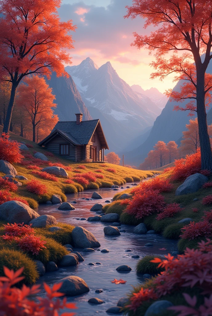 autumn Dead leaves Mountain 遠くにMountain小屋 Small Flower autumnの花 Twilight Sky Lonely feeling Autumn leaves on the stream