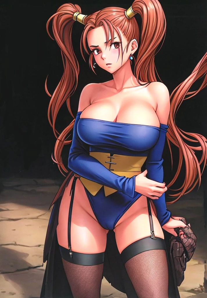 Jessica, with her large breasts, beautiful legs, shoulder-length twin tails, showing her arms and shoulders, and a mature face, is standing in a black high-cut bunny suit and fishnet stockings with her hands on her hips.。Standing around Jessica are middle-aged men with beards who look like bandits.。forest。