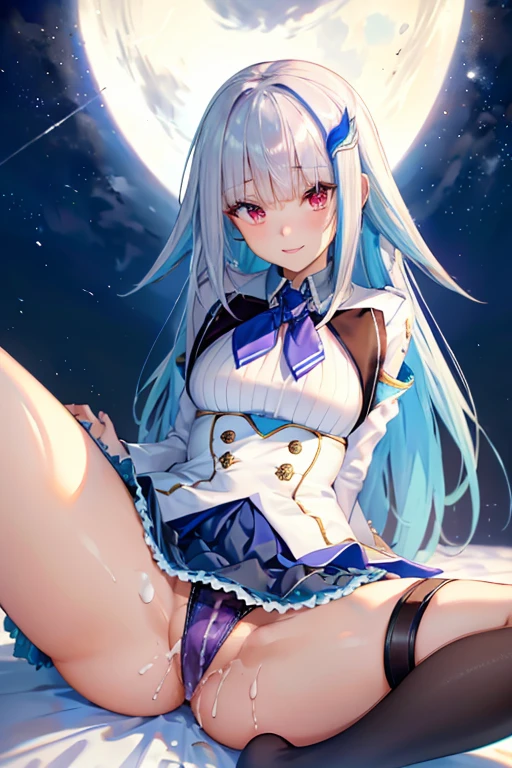 Highest quality, (squat),(Spread your legs),(cum on cloth),,A seductive smile, Ahegao,Place your arms behind your head,Low - Angle,(Photographed from the front), lh1, hair ornamnet, long hair, long sleeves, pleated skirt, blue thighhighs, 手链, frilled skirt, white jacket, white shirt, blue skirt, thigh strap,Black Panties,Showing panties,Long legs,Facing forward,(Anatomically correct), Plump thighs,Bedroom,Saliva stringing, 