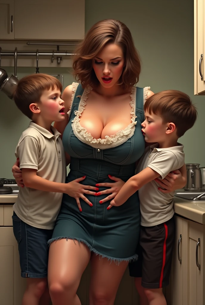 NFSW,SEX(Family)((Mother and her short three sons))(((Men are only three short sons)))((There is only one woman,A woman is only one mother)), A MILF(brown,bob cuts,Isolated centers,Forehead,Eyes are hearts,flushed,excited,pinafore,Big ,Overflowing breasts),vaginal (Sex Media,Mother and three short sons,Young Jisoo's son is sucking mom)One and her three short sons,in a kitchen ,Side view,Detail Background,Best Quality