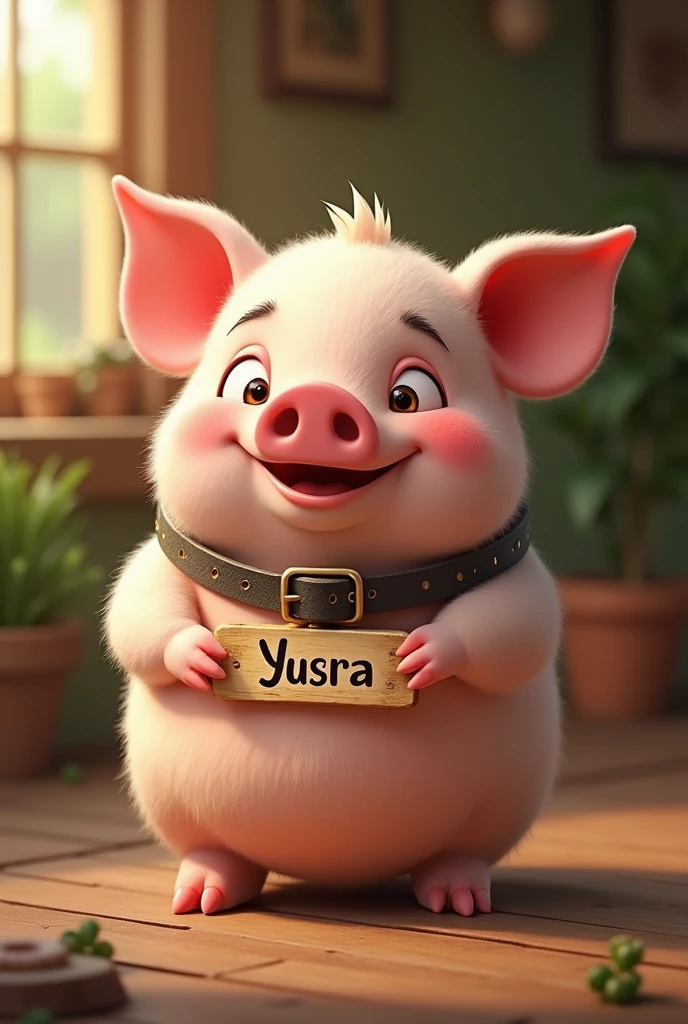 Imagine a pig named 'YUSRA' written on his collar and 'YUSRA' is clear to read