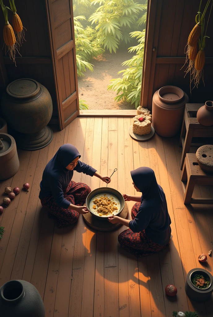 (photorealism:1.2), an aerial view of two malay beauty hijab girl sit down on a
floor in a wooden kitchen, in a midle of clay stove, wear a long sleeve t-shirt and a batik sarong, the girls pouring a meal onto the wok, a top aerial angle, in a morning sunshine, old urn,old traditional brick stove,, old kettle, old stone grinder, a pot of meat, two girl sit on a floor,, a dried corn, onion hanging