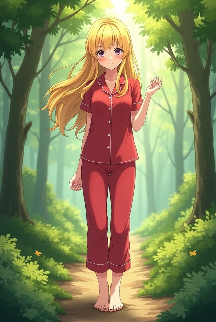 Anime girl with blonde hair and red pajamas barefoot with black polished toenails in the forest