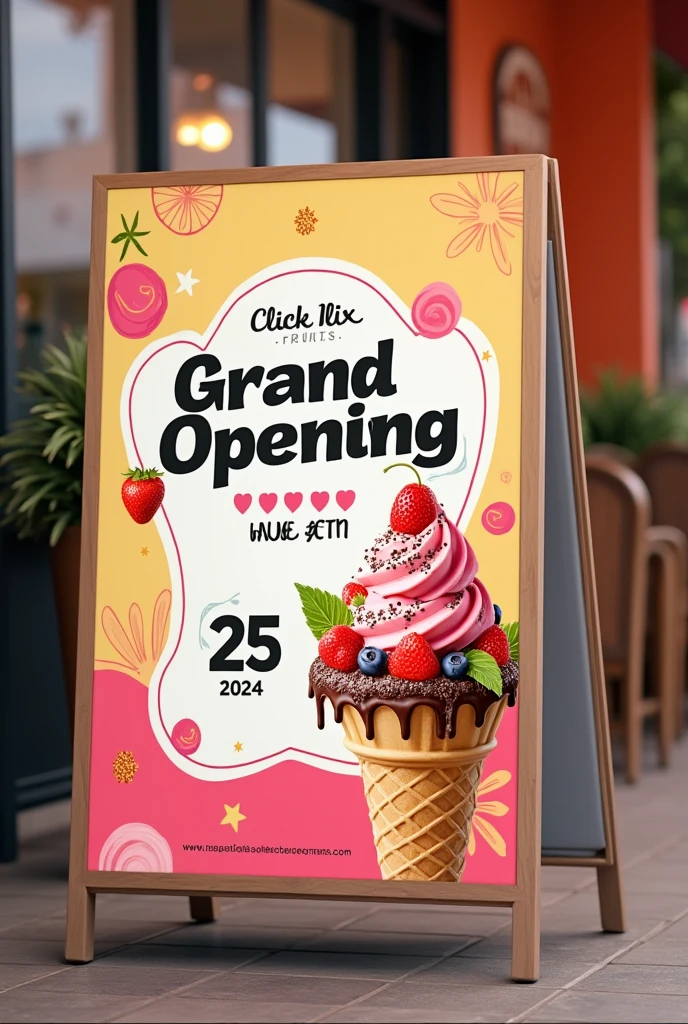 Grand opening sign 25/08/2024 click ilix fruits with a picture of soft ice cream and toppings