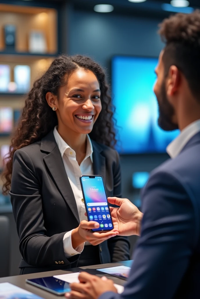 Mobile phone shop promoter gifting a happy customer a mobile phone and looking towards the camera in a mobile phones shop
