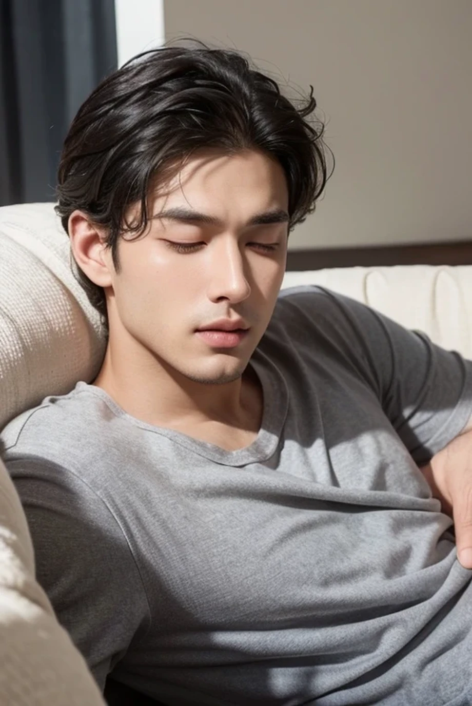 Close-up shot of a man with his eyes closed with a soft expression, as if trying to recall a fond memory. He has a handsome face with black curly hair and white skin, smooth skin without a beard, and mesmerizing eyelidless eyes. He is reclining on a comfortable sofa in a spacious living room.