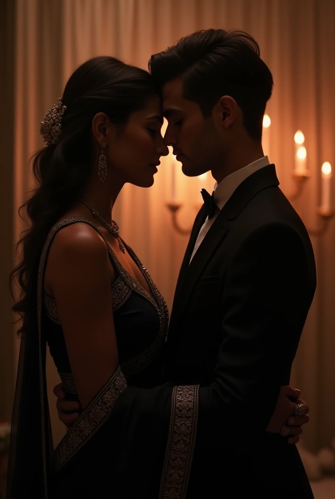 A girl in suhagrat in black sari and one boy kissing him and boy wear black suit