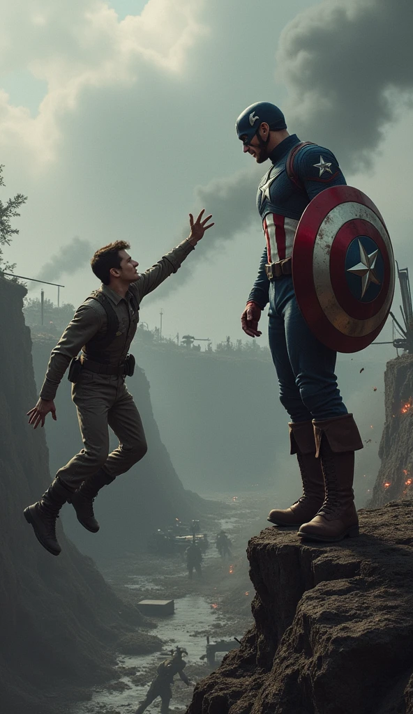 Clareza e Especificidade no Prompt: Captain America is depicted standing in the foreground of a World War II battlefield, reaching out with his right hand towards a moment frozen in time where Bucky Barnes is in mortal danger. The focus is on the tension and emotion in this pivotal moment.
Detalhes Visuais: Captain America is shown in full color, his iconic red, white, and blue suit vividly contrasted against the monochromatic, muted tones of the battlefield around him. His shield, slightly slung over his back, catches a subtle golden light from an unseen source, emphasizing its importance. Bucky, in his WWII uniform, is depicted clinging to the edge of a cliff, his face a mixture of fear and determination, with dirt and blood smudging his features. The environment should show debris, scattered weapons, and explosions frozen mid-air, with a smokey, war-torn landscape fading into the background.
Contexto e Composição: Captain America is positioned slightly to the right of the center, drawing the viewer’s eye towards his outstretched hand and the frozen scene of Bucky. The perspective should be slightly low, looking up at Captain America to emphasize his internal struggle and the weight of his decision. In the background, soldiers and war machines are locked in combat, all frozen in time.
Atenção ao Ambiente: The battlefield is a chaotic mix of destruction—trenches, shattered trees, and craters filled with stagnant water. The sky is overcast with thick, dark clouds, hinting at an impending storm, with occasional flickers of lightning illuminating the scene. Smoke and dust hang in the air, adding to the sense of stillness and suspension of time.
Referências Emocionais: The atmosphere is heavy with sorrow and urgency. Captain America’s face is etched with deep lines of worry and conflict, his eyes filled with a sense of helplessness as he considers altering a critical moment in time. His body language reflects hesitation, with his feet firmly planted yet his upper b