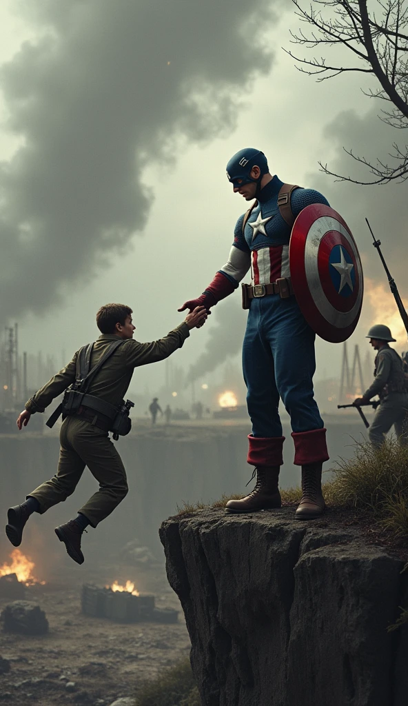 Clareza e Especificidade no Prompt: Captain America is depicted standing in the foreground of a World War II battlefield, reaching out with his right hand towards a moment frozen in time where Bucky Barnes is in mortal danger. The focus is on the tension and emotion in this pivotal moment.
Detalhes Visuais: Captain America is shown in full color, his iconic red, white, and blue suit vividly contrasted against the monochromatic, muted tones of the battlefield around him. His shield, slightly slung over his back, catches a subtle golden light from an unseen source, emphasizing its importance. Bucky, in his WWII uniform, is depicted clinging to the edge of a cliff, his face a mixture of fear and determination, with dirt and blood smudging his features. The environment should show debris, scattered weapons, and explosions frozen mid-air, with a smokey, war-torn landscape fading into the background.
Contexto e Composição: Captain America is positioned slightly to the right of the center, drawing the viewer’s eye towards his outstretched hand and the frozen scene of Bucky. The perspective should be slightly low, looking up at Captain America to emphasize his internal struggle and the weight of his decision. In the background, soldiers and war machines are locked in combat, all frozen in time.
Atenção ao Ambiente: The battlefield is a chaotic mix of destruction—trenches, shattered trees, and craters filled with stagnant water. The sky is overcast with thick, dark clouds, hinting at an impending storm, with occasional flickers of lightning illuminating the scene. Smoke and dust hang in the air, adding to the sense of stillness and suspension of time.
Referências Emocionais: The atmosphere is heavy with sorrow and urgency. Captain America’s face is etched with deep lines of worry and conflict, his eyes filled with a sense of helplessness as he considers altering a critical moment in time. His body language reflects hesitation, with his feet firmly planted yet his upper b