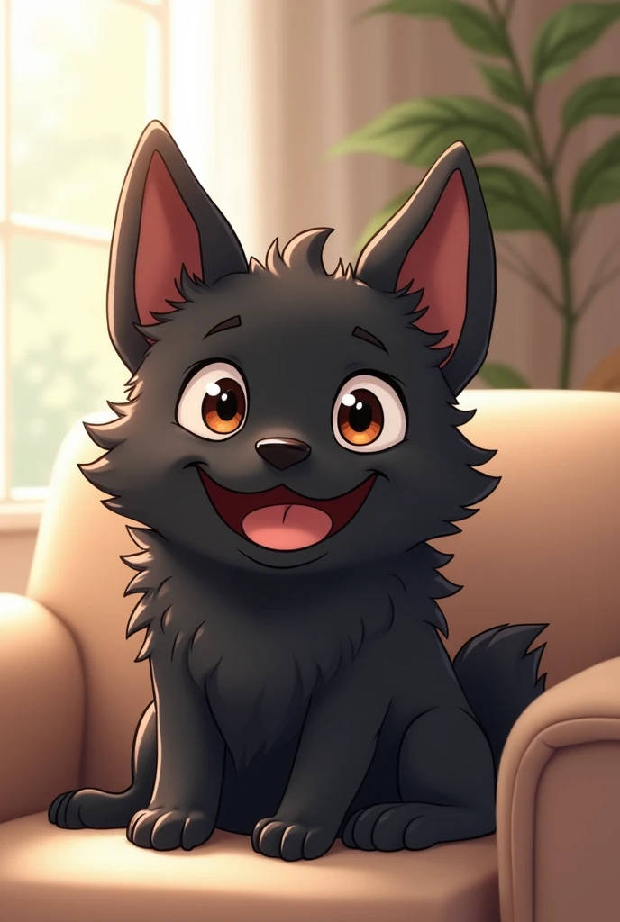 Big, Black, happy, thin, and furry anime dog sitting on a sofa