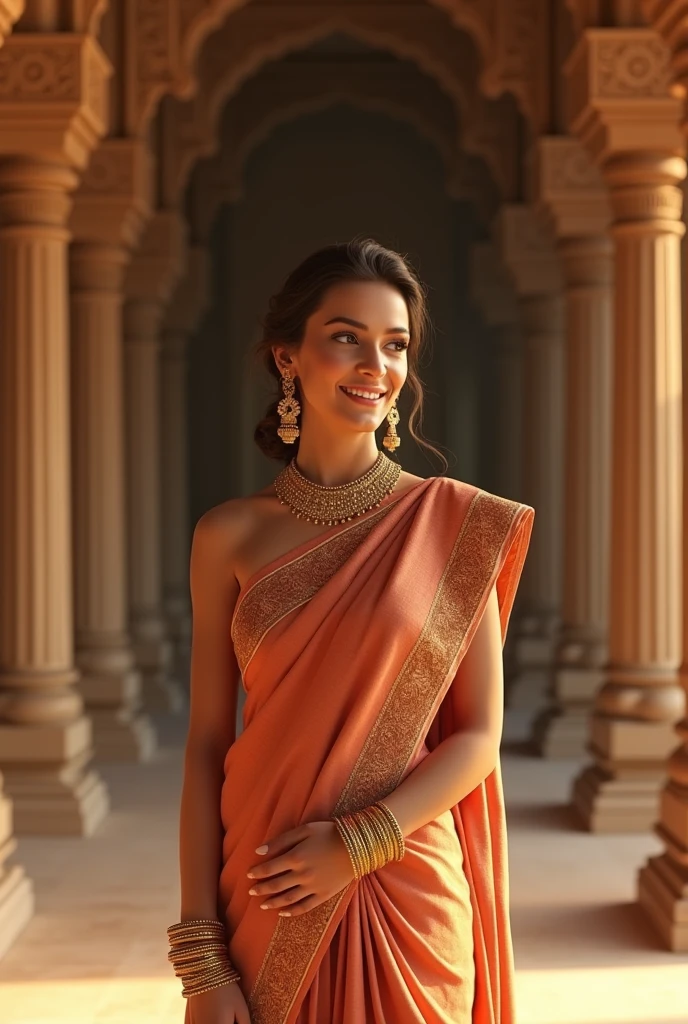 Create more realistic 3D exact image of Celebrity "Gianna Dior" is standing in a temple, dressed in a beautiful silk saree and blouse. She is adorned with golden ornaments, including earrings and bangles. Her hair is adorned with jasmine flowers, and she is smiling brightly. The lighting is warm and inviting, with a soft glow that highlights the intricate details of her outfit. The overall mood is one of joy and celebration, with a sense of reverence for the temple's sacred surroundings.