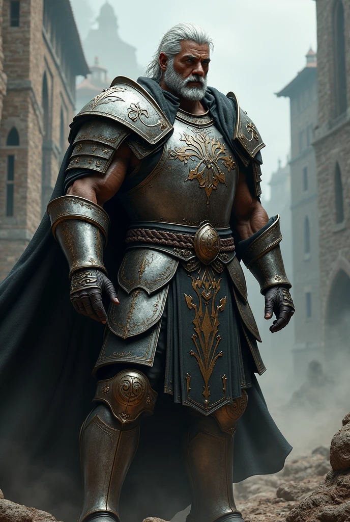 Muscular black man with white hair and blue eyes in medieval armor