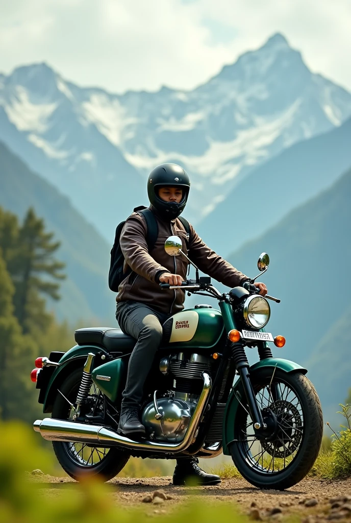 Royel Enfield hunter 350 dapper green near Himalayas