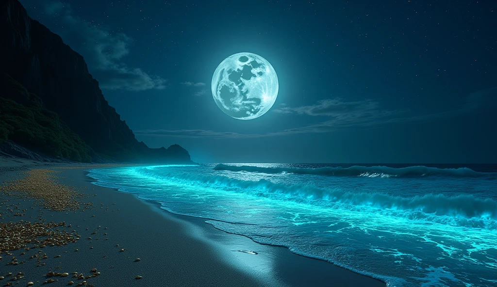 In the night sky，The beach is covered in blue and green fluorescent light，Huge Moon，Elf Light，Star，Light spot，the sea with fluorescence，the shining golden beach，the starry sky with moonlight，Matte by Michael James Smith，reflection，CG Rendering，Volumetric Light，Space Art，Bioluminescence，Unreal Engine 5，The magic of light，Unreal Engine Rendering，Ultra wide angle，Ultra wide angle，HD。9.16 Again—Based on the technique of "augmenting reality"