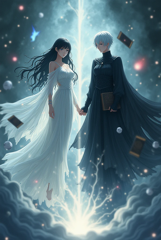 Make two floating men of death, one having long black hair, with white eyes, angelic clothing and magic of lights, with a book floating in front of him and an aura of light around his body, and another angel with short white hair and completely black eyes, with black demonic clothes, and dark magic, with a black book floating in front of him and a black aura surrounding his body. Make it in human form with anime style