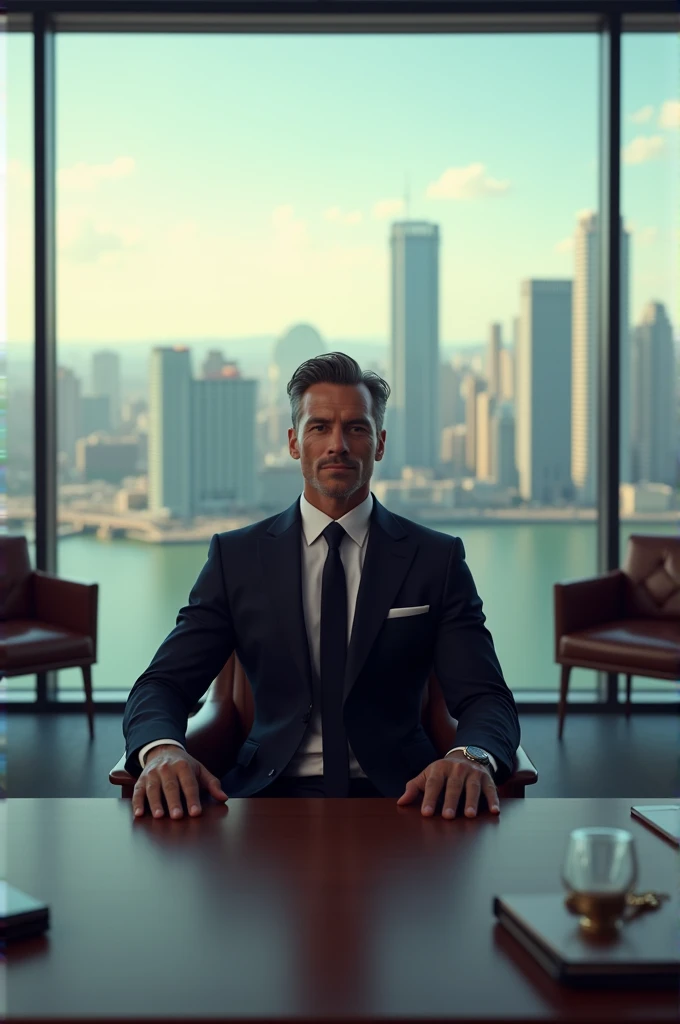 "A handsome man in a black suit sits at a desk, with a glass window behind him offering a view of the city."