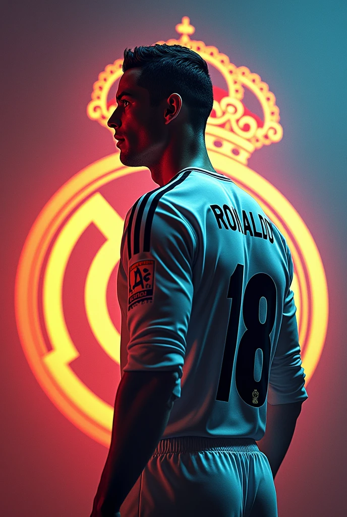 Make a ronaldo  photo from a back side  with the colour full back ground with real madrid logo and give a better look