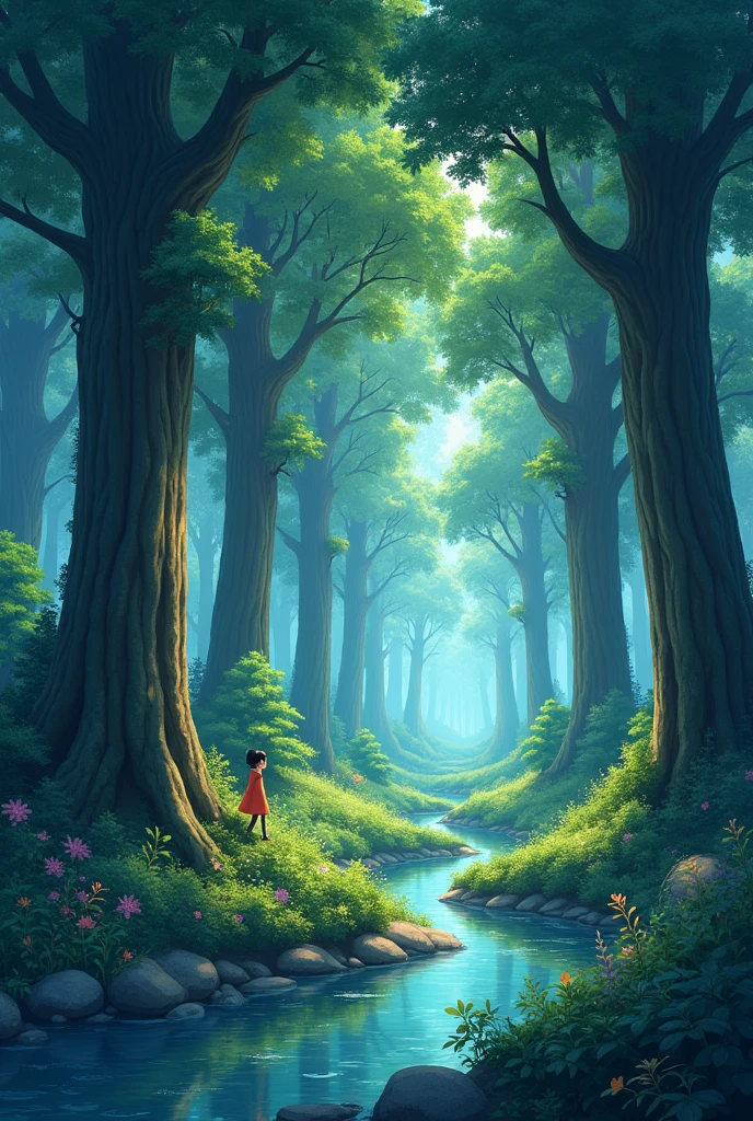 Viral anime nature wallpaper in 4K quality, in the style of digital illustration inspired by Hayao Miyazaki, featuring a serene forest with towering ancient trees, dappled sunlight filtering through the leaves, a gentle stream flowing through the scene, and mystical creatures peeking from behind the foliage; vibrant and warm color temperature, cosmos lighting with stars twinkling in the sky, no human characters, the atmosphere is tranquil and enchanting --v 5 --stylize 1000