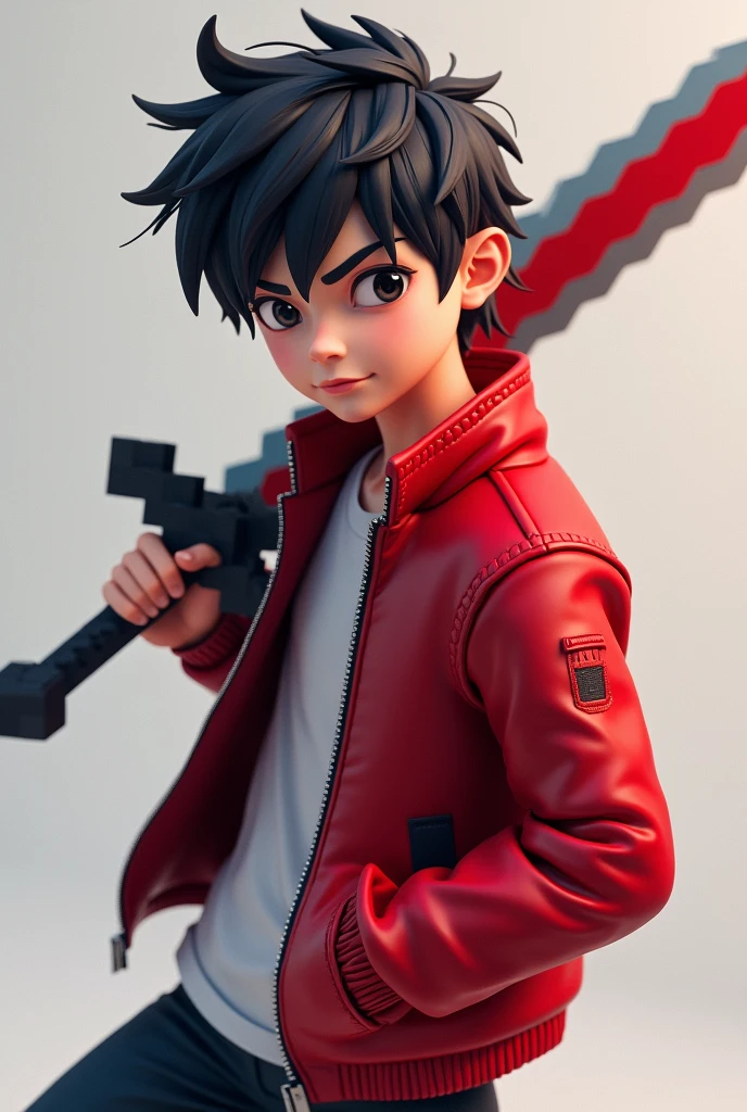 A anime 3D boy taking Minecraft diamond sword and his clothes red jacket front side sexing