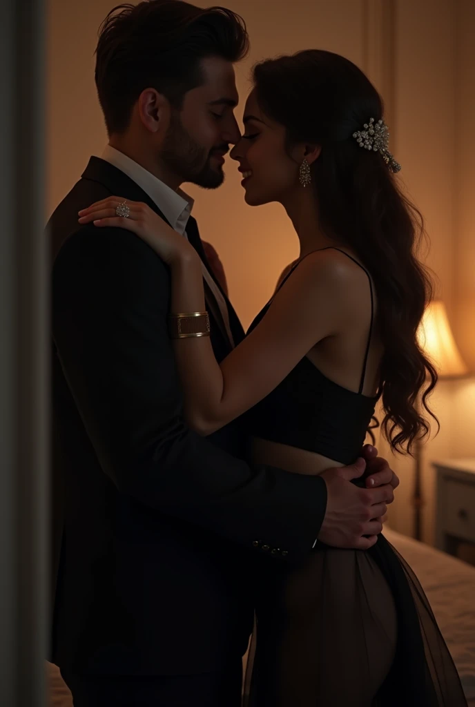  A girl in suhagrat without bra in black sari and one boy kissing him  and boy wear black suit 