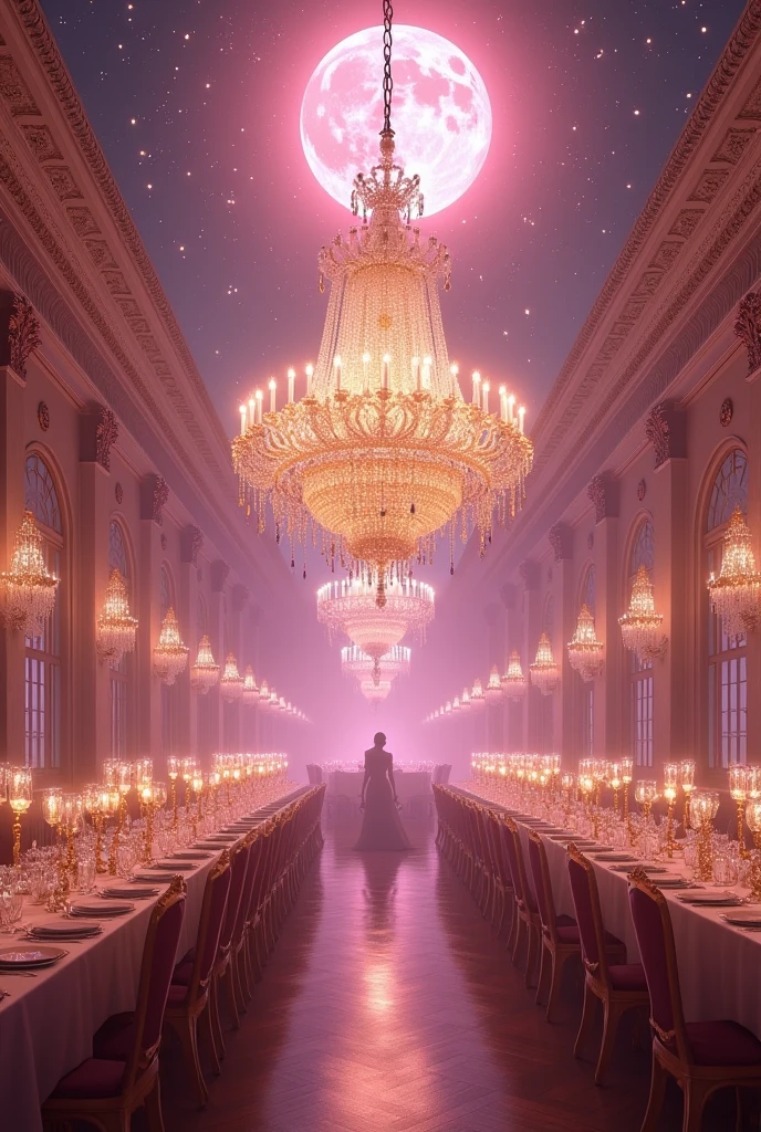 A tremendous god々Shi Big beautiful chandelier Number 10 in a heart at the bottom(((((((Central 10)))))) ((((((((Number 10)))))))) Celebration Time The flow of time lives with music in memories Soft Light Dinner at the Palace of Versailles Hall of Mirrors A beautiful pink moonlit night dinner party with no one around The magic of the full moon shining in the dark night A starry sky Another dimension, a mysterious pink color (((((((No people in sight)))))) The sparkling little feathers and stardust are beautiful.