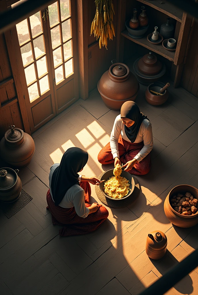 (photorealism:1.2), an aerial view of two malay beauty hijab girl sit down on a
floor in a wooden kitchen, in a midle of clay stove, wear a long sleeve t-shirt and a batik sarong, the girls pouring a meal onto the wok, a top aerial angle, in a morning sunshine, old urn,old traditional brick stove,, old kettle, old stone grinder, a pot of meat, two girl sit on a floor,, a dried corn, onion hanging