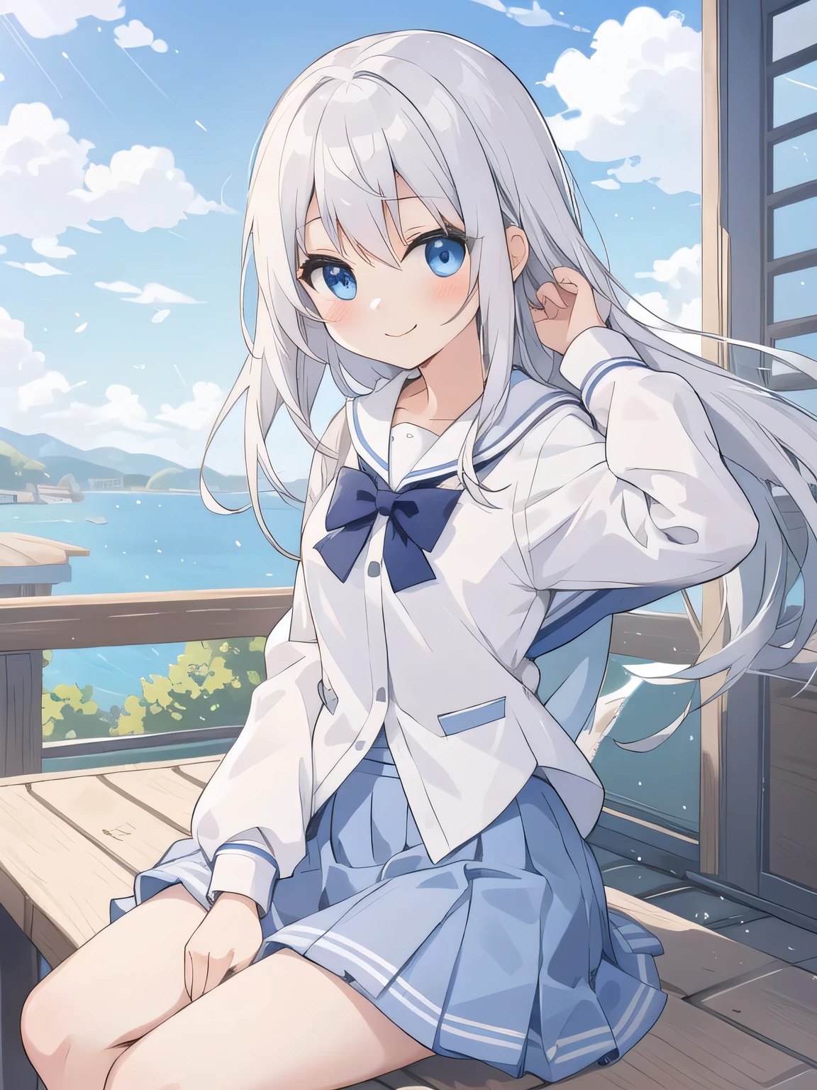 cute girl, アニメ, silver hair, Blue eyes, feel shy, cute, (young:1.2), side shot, cowboy shot, white school uniform, morning, school zone, smile, blue skirt, strong wind, white pantie, sitting, open leg, ローアングル, (パンチラ:1.2)