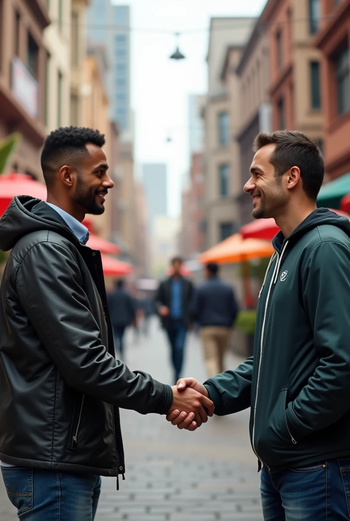 make a photo of two people in the picture I attached, shaking hands. then the background is replaced with an outdoor urban area atmosphere. make sure the face, facial tone, skin color & posture/body shape are made similar, smooth and realistic with the image file I attached
