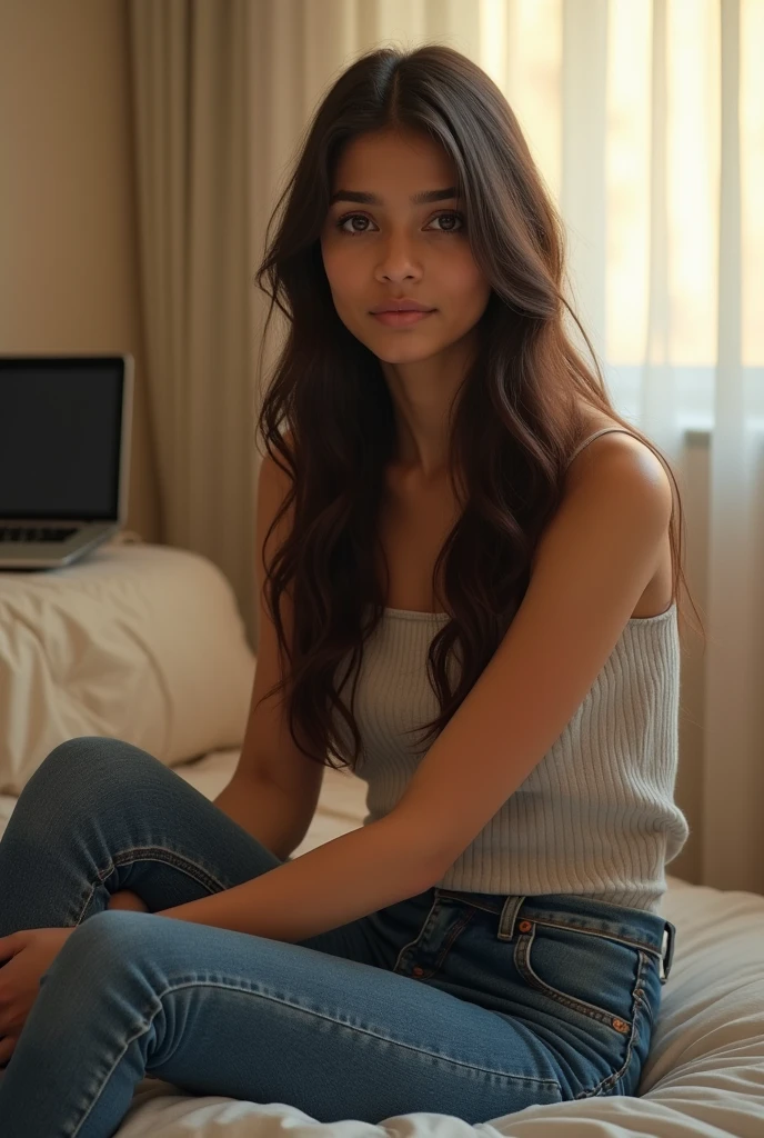 (photorealism:1.2), beautiful Indian Girl, 24 year , sitting on bed, wearing Jumper, blue denim legging, long straight hair, 34 C Breast Size, indoors, soft lighting, Laptop in background, window with sunlight, normal room, relaxed pose, realistic, intricate details, warm colors, by Greg Rutkowski, by Alphonse Mucha