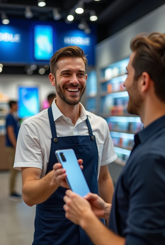 Mobile phone shop promoter giving a happy customer a mobile phone and both looking towards the camera in a mobile phones shop