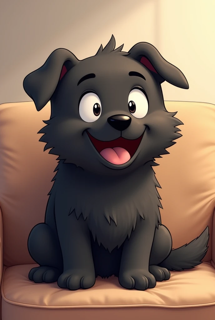 Big, Black, happy, thin, and furry anime dog sitting on a sofa