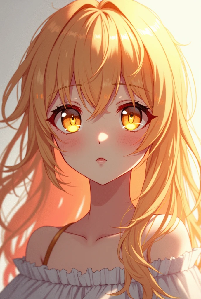 Anime girl with yellowish orange eyes, long, messy blonde hair with peachy tips