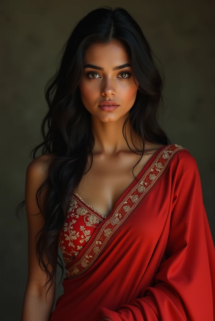 A girl in red saree and without blouse 