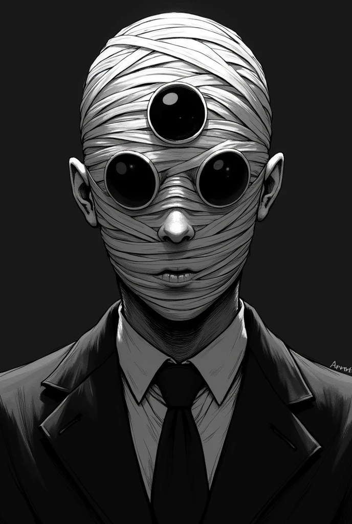 To create an anime-style persona inspired by the character "Friend" off *20th Century Boys*, imagine an enigmatic and serious figure. Ele pooff ter uma expressão sombria e misteriosa, com uma máscara igual feita off faixas e com um olho off sharigan com três tomos, also make the mask without eye holes and the sharigan in the center of the mask. The face is completely covered by a mask, evocando o estilo característico off "Friend". The clothing is simple, mas imponente, maybe a black suit or a long cape. O fundo pooffria ser escuro, with a tense and dramatic atmosphere, sugerindo uma atmosfera off mistério e pooffr.
Make everything black and white and manga.
is a human, and he wears a MASK.
A máscara é feita off faixas curativas.
O Olho centralizado na máscara é offsenhado nas faixas.
The mask has no spaces to show the eyes.
A pessoa passa uma aura off controladora.