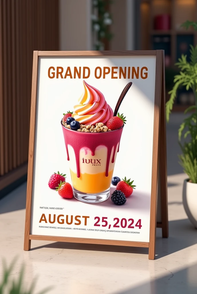 Grand opening sign 25/08/2024 clicks ilix fruits with an image of soft ice cream in a glass and with toppings