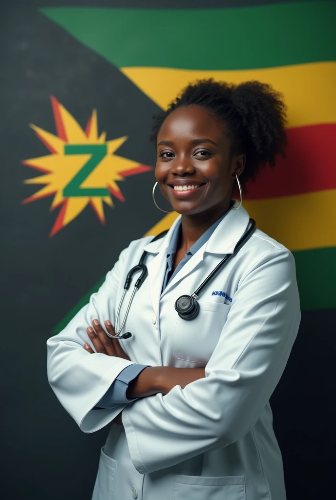 I want a logo for a health channel called ZimVitals, with motto "Wellness together, happiness forever". Put a tinge of dim Zimbabwean flag at the background. With a reaslistic black doctor with a patient in the background. Put a Z which has green, yellow, red and black in that order.